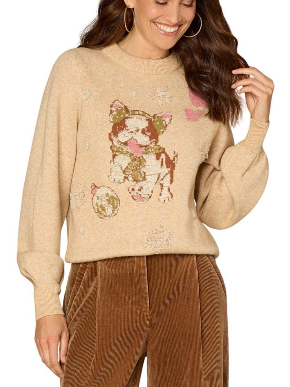 Democracy Women’s Beige Sweater Bulldog Xmas Theme Pullover Blouson Sleeves S